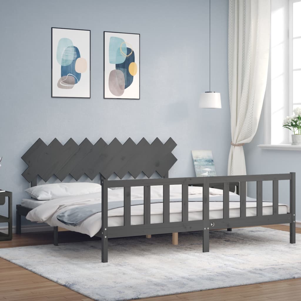 Cadru pat cu tăblie 200x200 cm, gri, lemn masiv GartenMobel Dekor