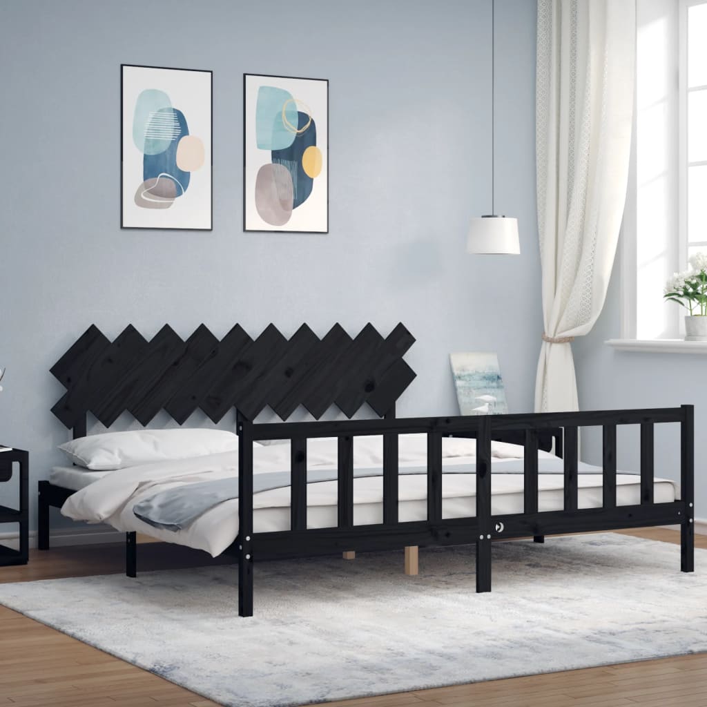 Cadru pat cu tăblie 200x200 cm, negru, lemn masiv GartenMobel Dekor