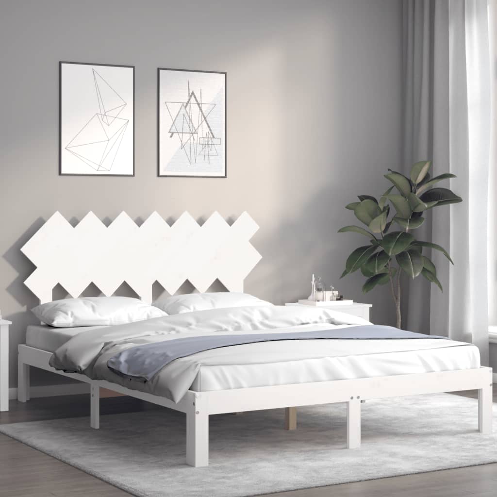 Cadru de pat cu tăblie, alb, king size, lemn masiv GartenMobel Dekor