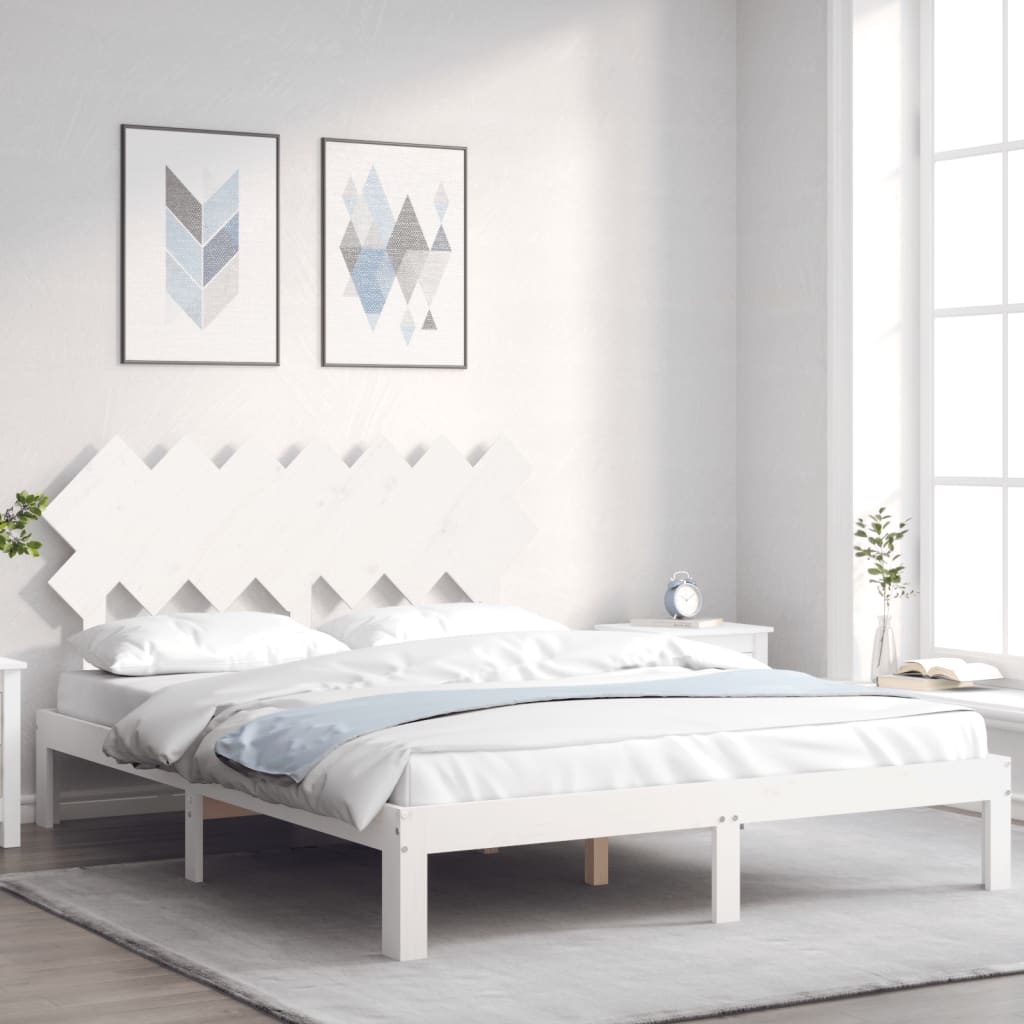 Cadru de pat cu tăblie, alb, king size, lemn masiv GartenMobel Dekor