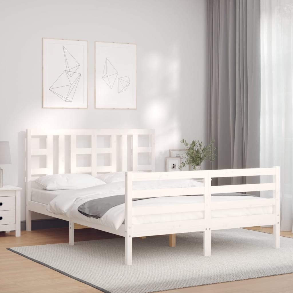 Cadru de pat cu tăblie, alb, king size, lemn masiv GartenMobel Dekor