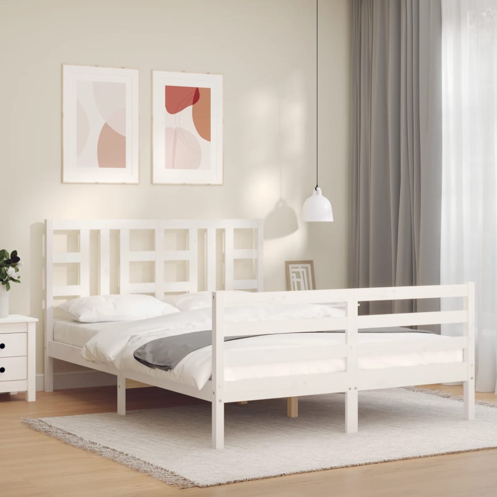 Cadru de pat cu tăblie, alb, king size, lemn masiv GartenMobel Dekor
