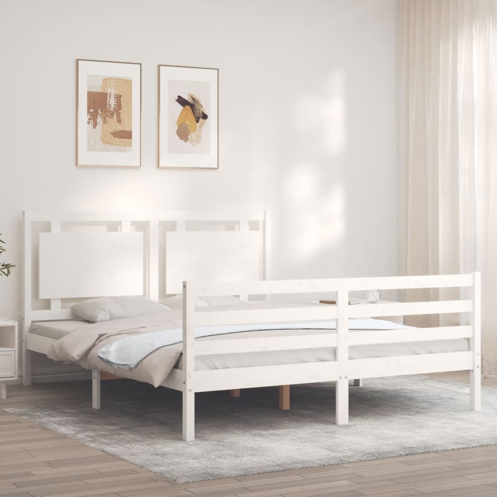 Cadru de pat cu tăblie, alb, 160x200 cm, lemn masiv GartenMobel Dekor