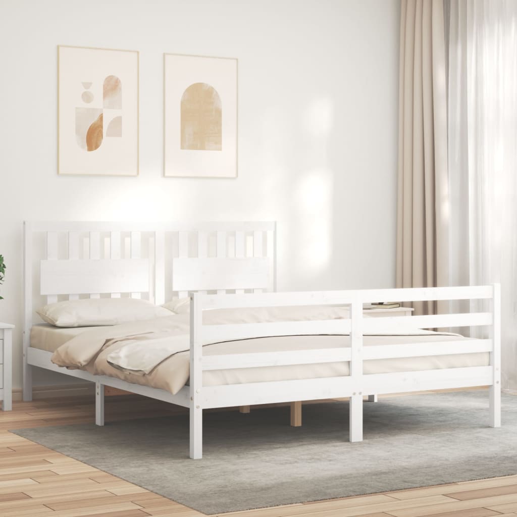 Cadru de pat cu tăblie, alb, king size, lemn masiv GartenMobel Dekor