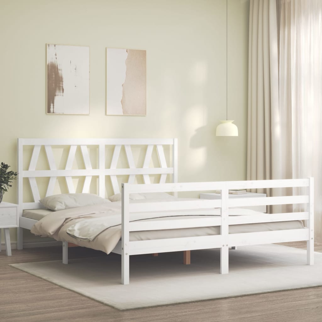 Cadru de pat cu tăblie, alb, king size, lemn masiv GartenMobel Dekor