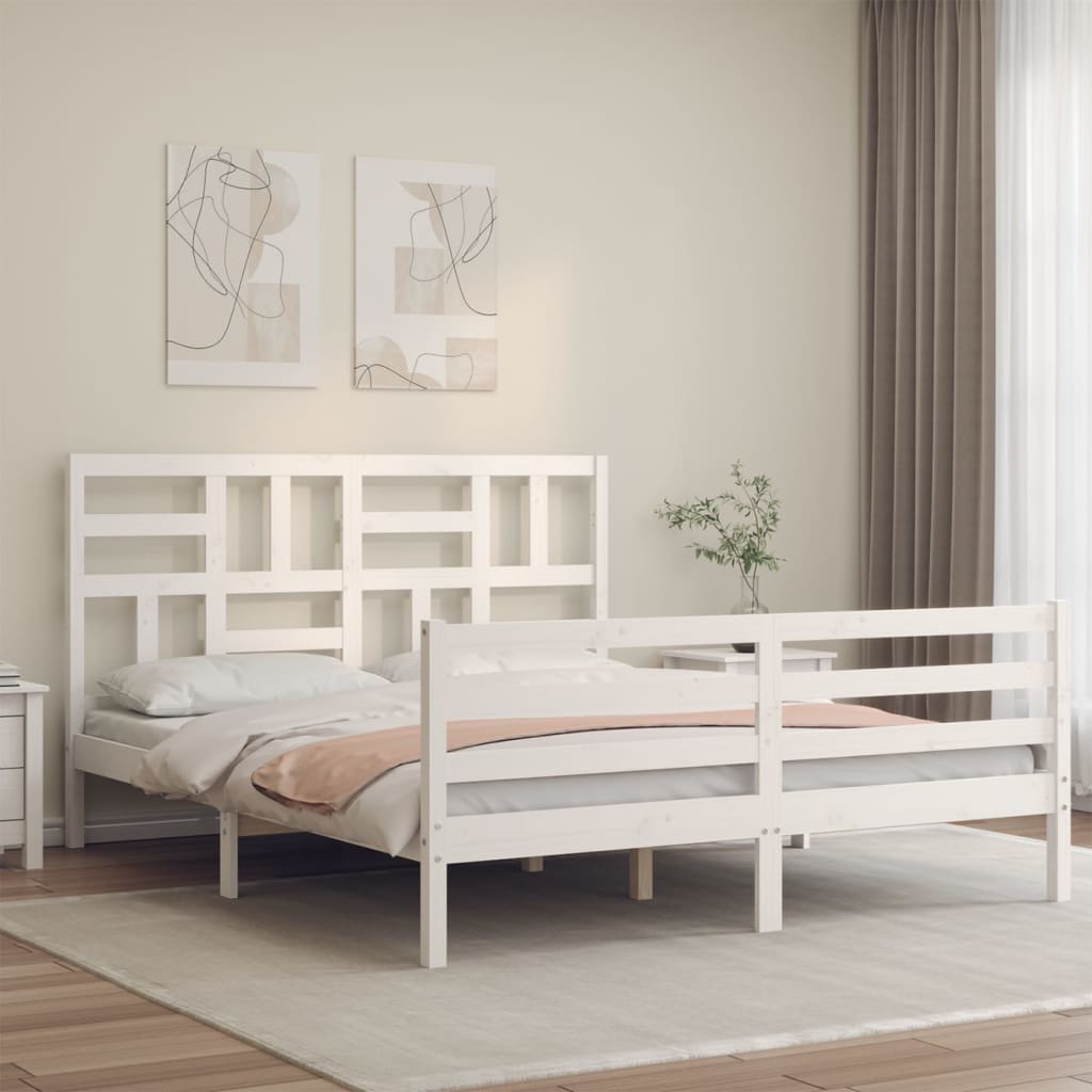 Cadru de pat cu tăblie, alb, king size, lemn masiv GartenMobel Dekor