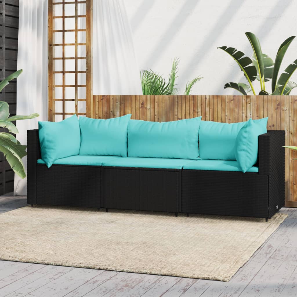 Set mobilier de grădină cu perne, 3 piese, negru, poliratan GartenMobel Dekor