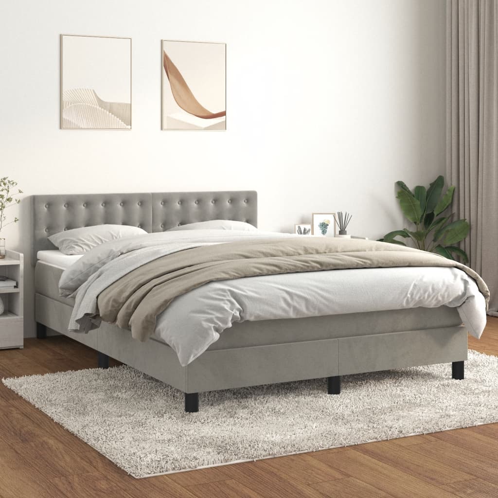 Pat box spring cu saltea, gri deschis, 140x190 cm, catifea GartenMobel Dekor