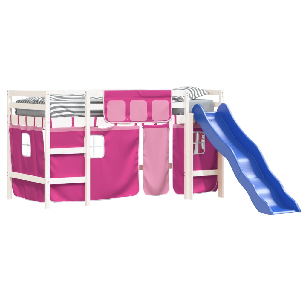 Pat etajat de copii cu perdele, roz, 80x200 cm, lemn masiv pin GartenMobel Dekor