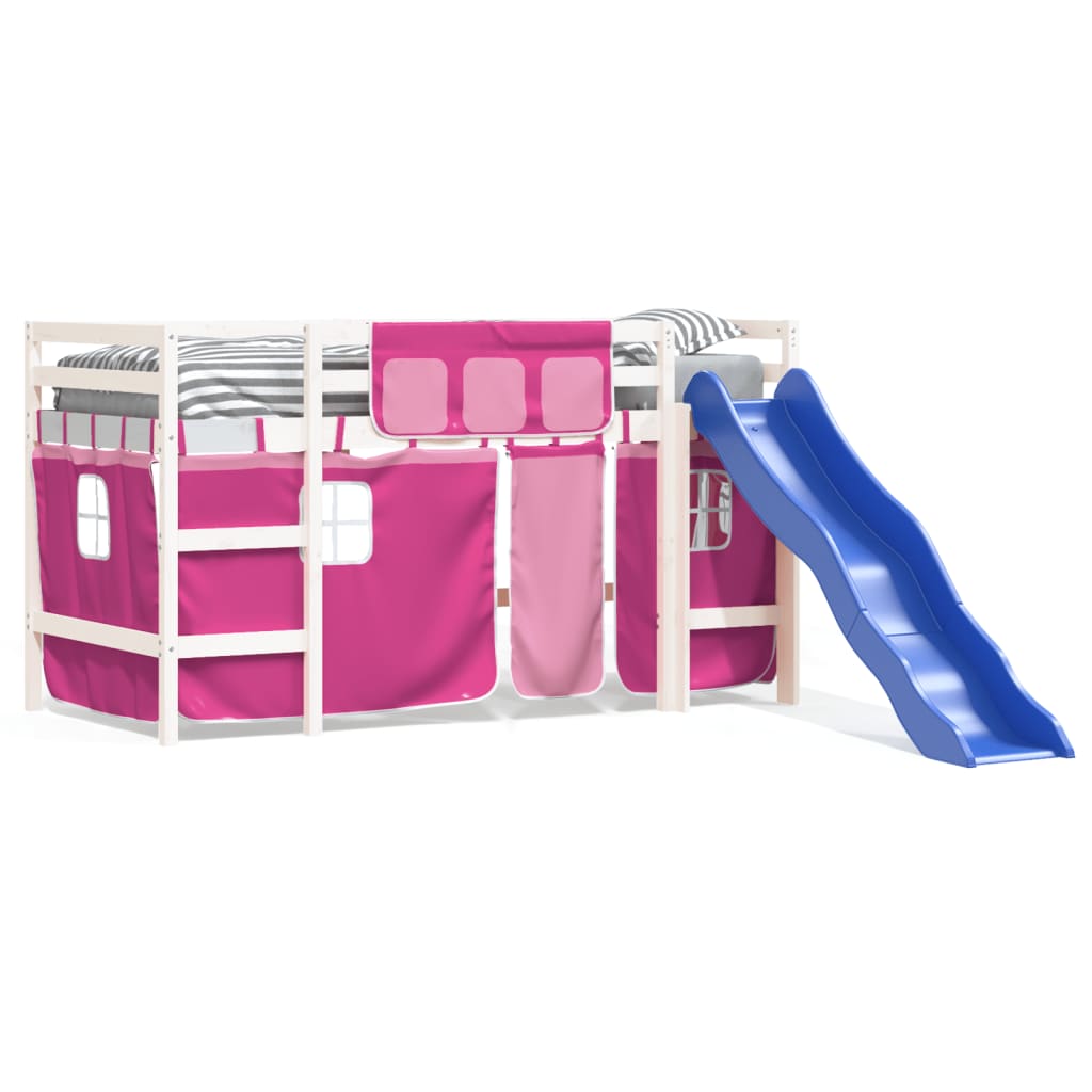 Pat etajat de copii cu perdele, roz, 80x200 cm, lemn masiv pin GartenMobel Dekor