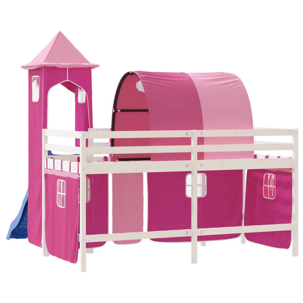 Pat etajat de copii cu turn, roz, 90x190 cm, lemn masiv pin GartenMobel Dekor