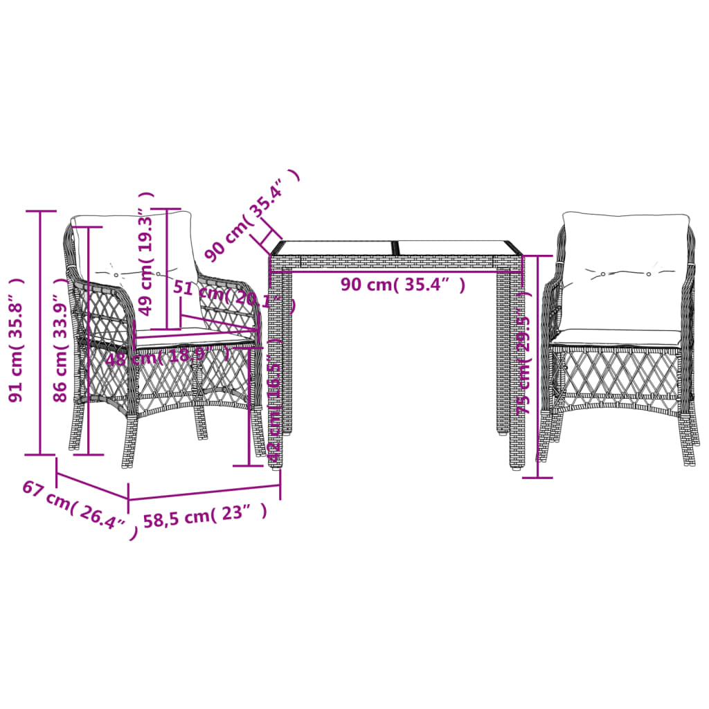 Set bistro de grădină cu perne, 3 piese, gri, poliratan GartenMobel Dekor