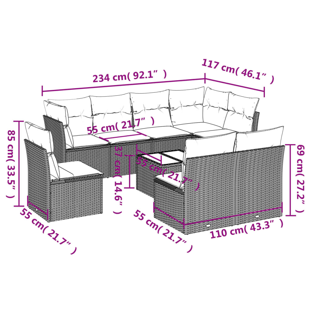 Set mobilier de grădină cu perne, 9 piese, negru, poliratan GartenMobel Dekor