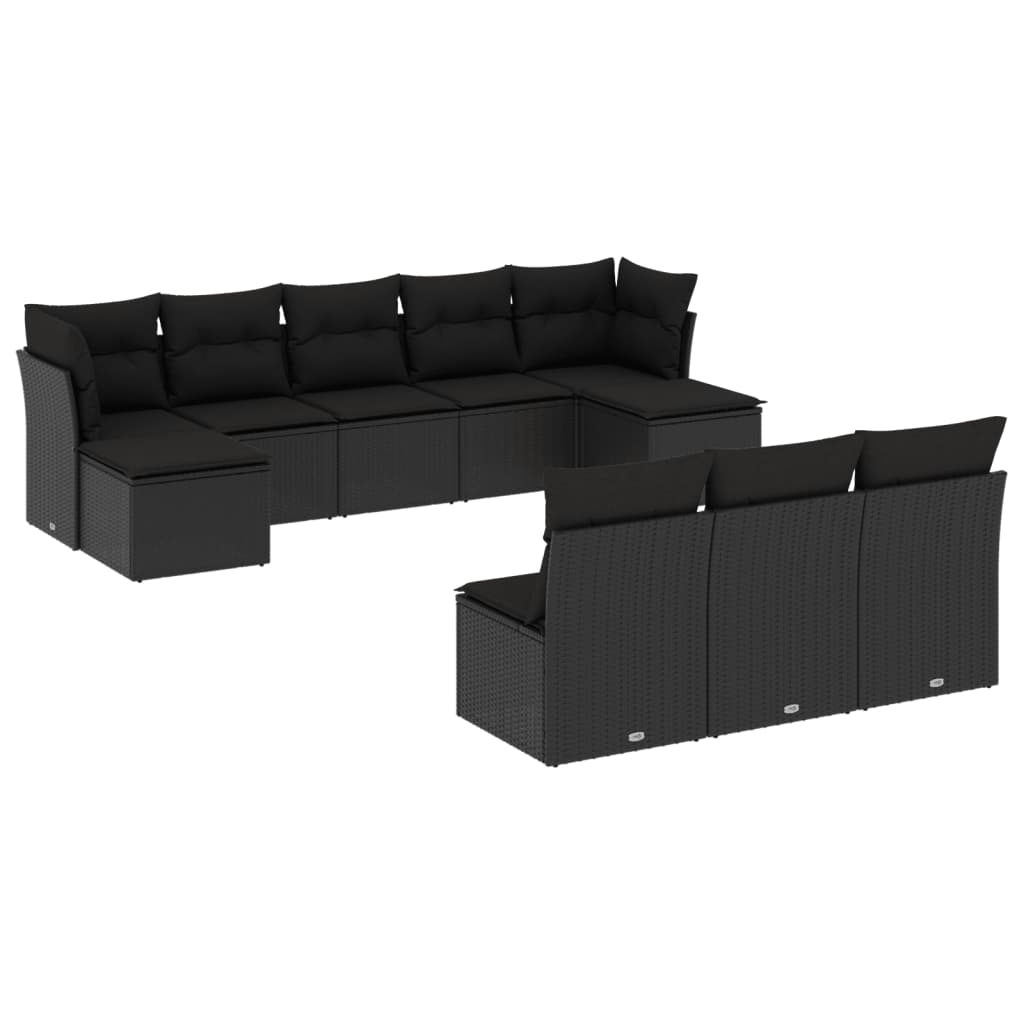 Set canapele de grădină cu perne, 10 piese, negru, poliratan GartenMobel Dekor