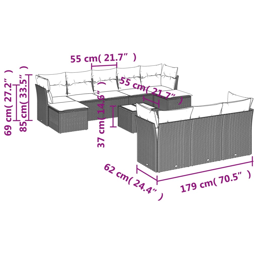 Set canapele de grădină cu perne, 11 piese, negru, poliratan GartenMobel Dekor
