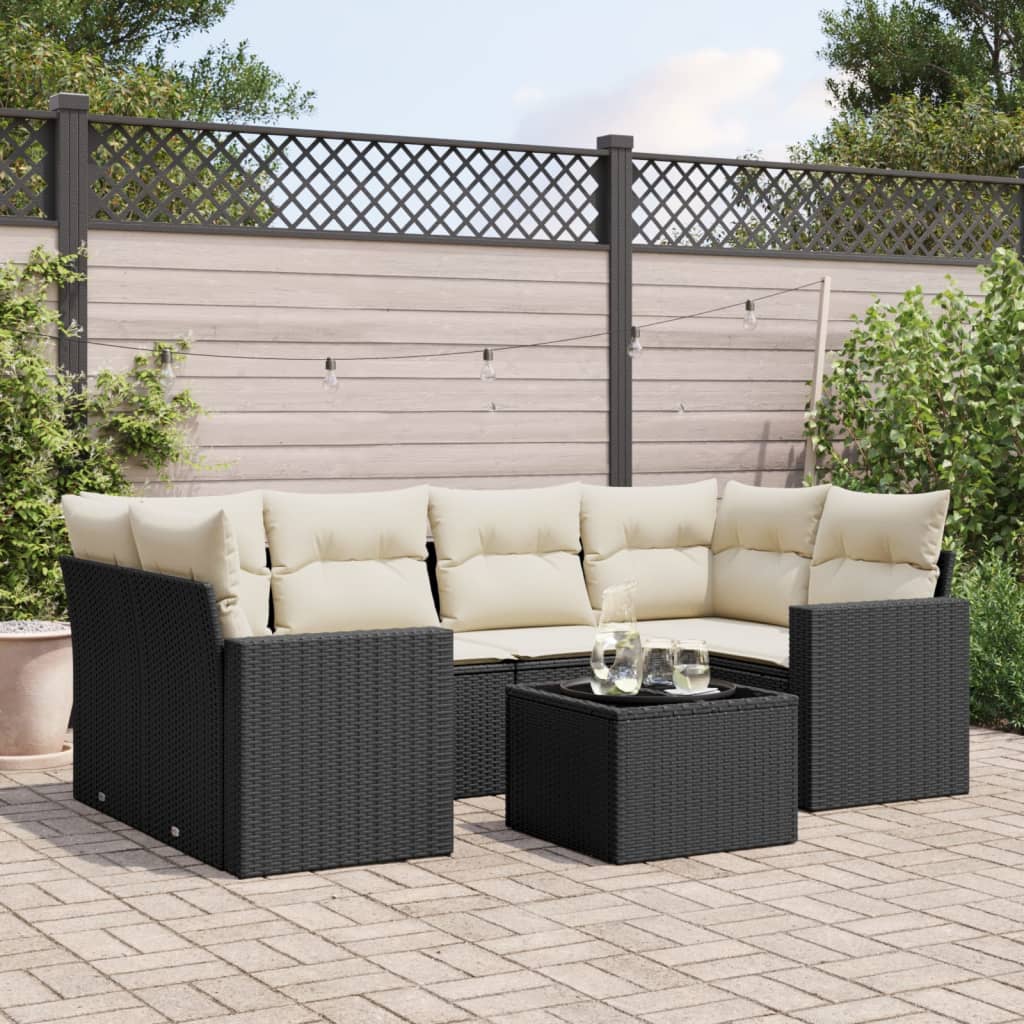 Set canapele de grădină cu perne, 7 piese, negru, poliratan GartenMobel Dekor