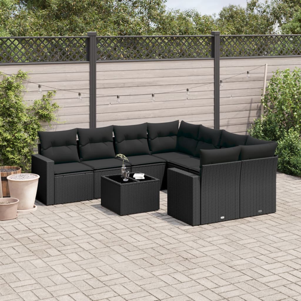 Set mobilier de grădină cu perne, 9 piese, negru, poliratan GartenMobel Dekor
