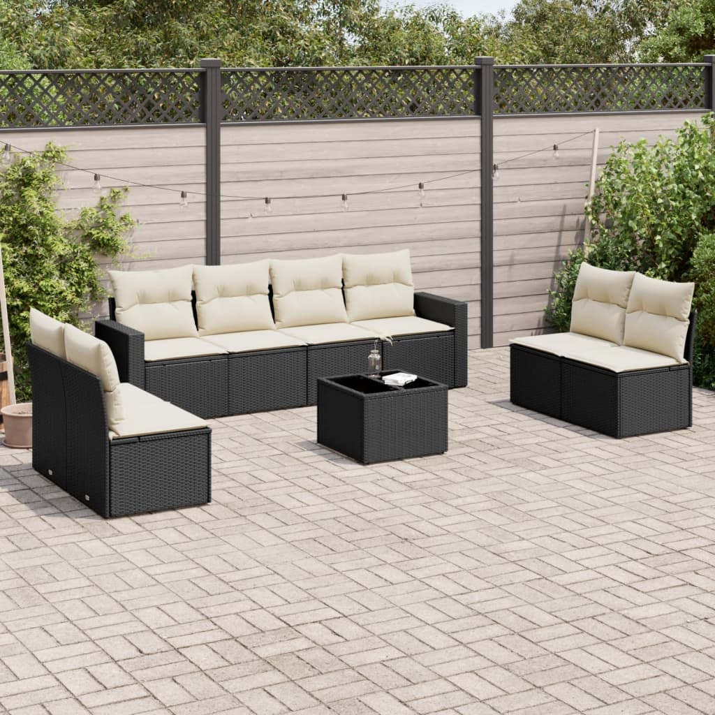 Set mobilier de grădină cu perne, 9 piese, negru, poliratan GartenMobel Dekor