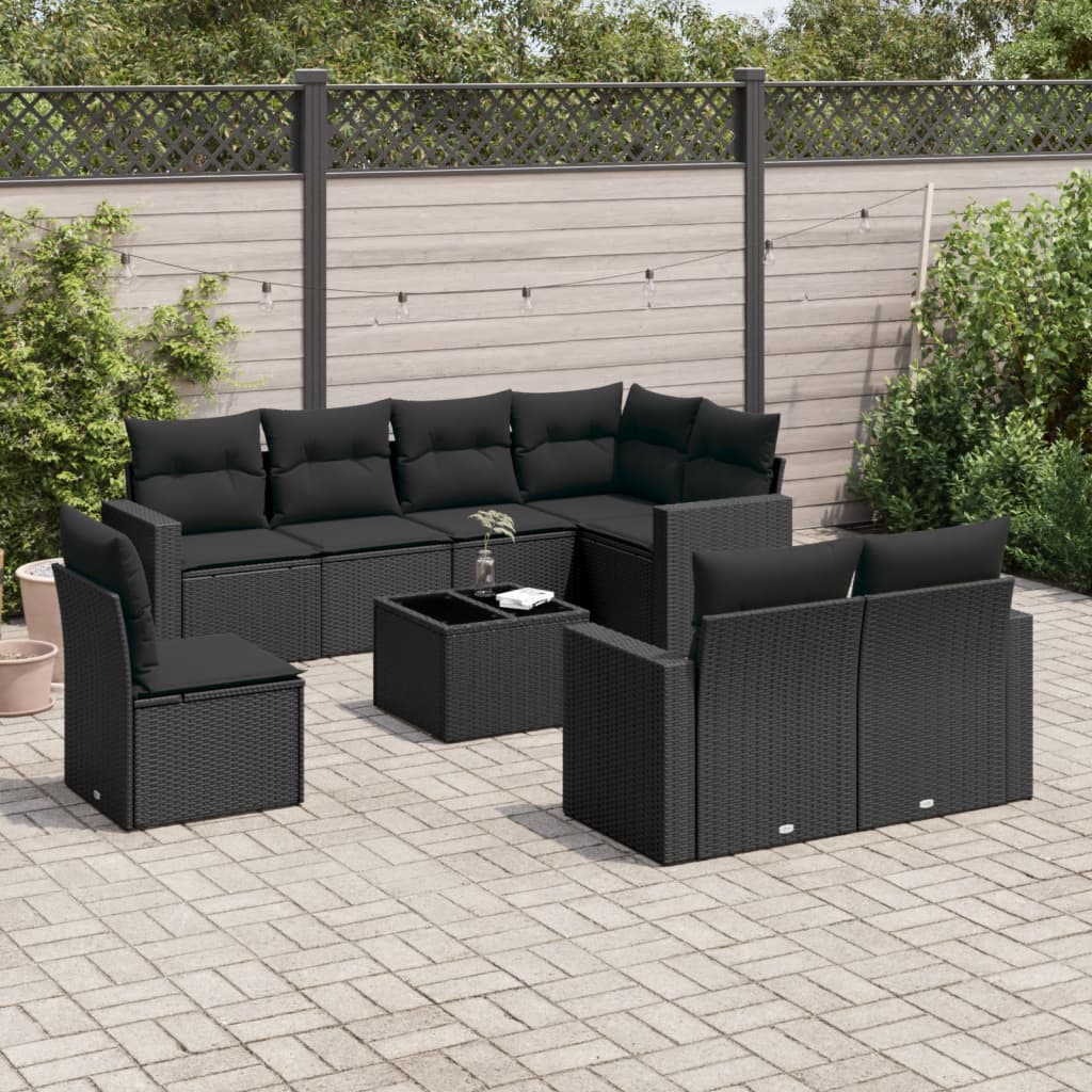 Set mobilier de grădină cu perne, 9 piese, negru, poliratan GartenMobel Dekor