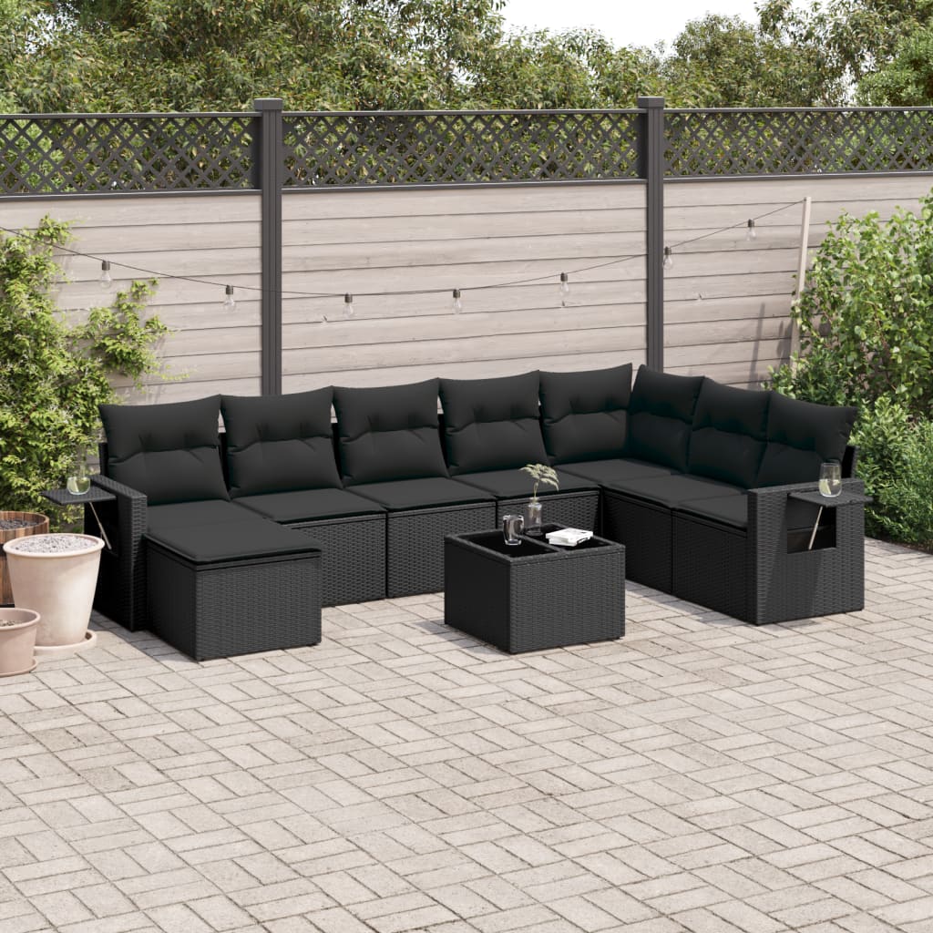 Set mobilier de grădină cu perne, 9 piese, negru, poliratan GartenMobel Dekor