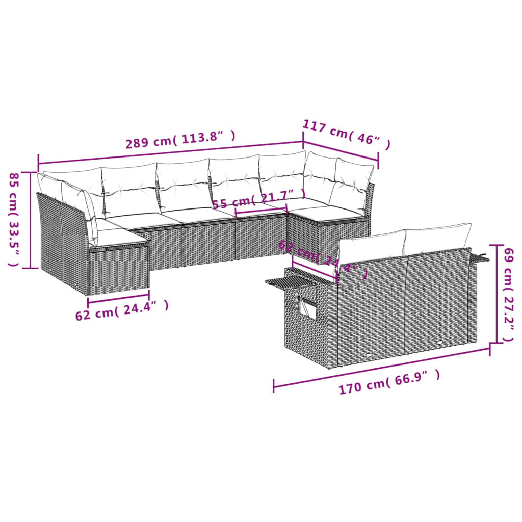 Set canapele de grădină, 9 piese, cu perne, gri, poliratan GartenMobel Dekor