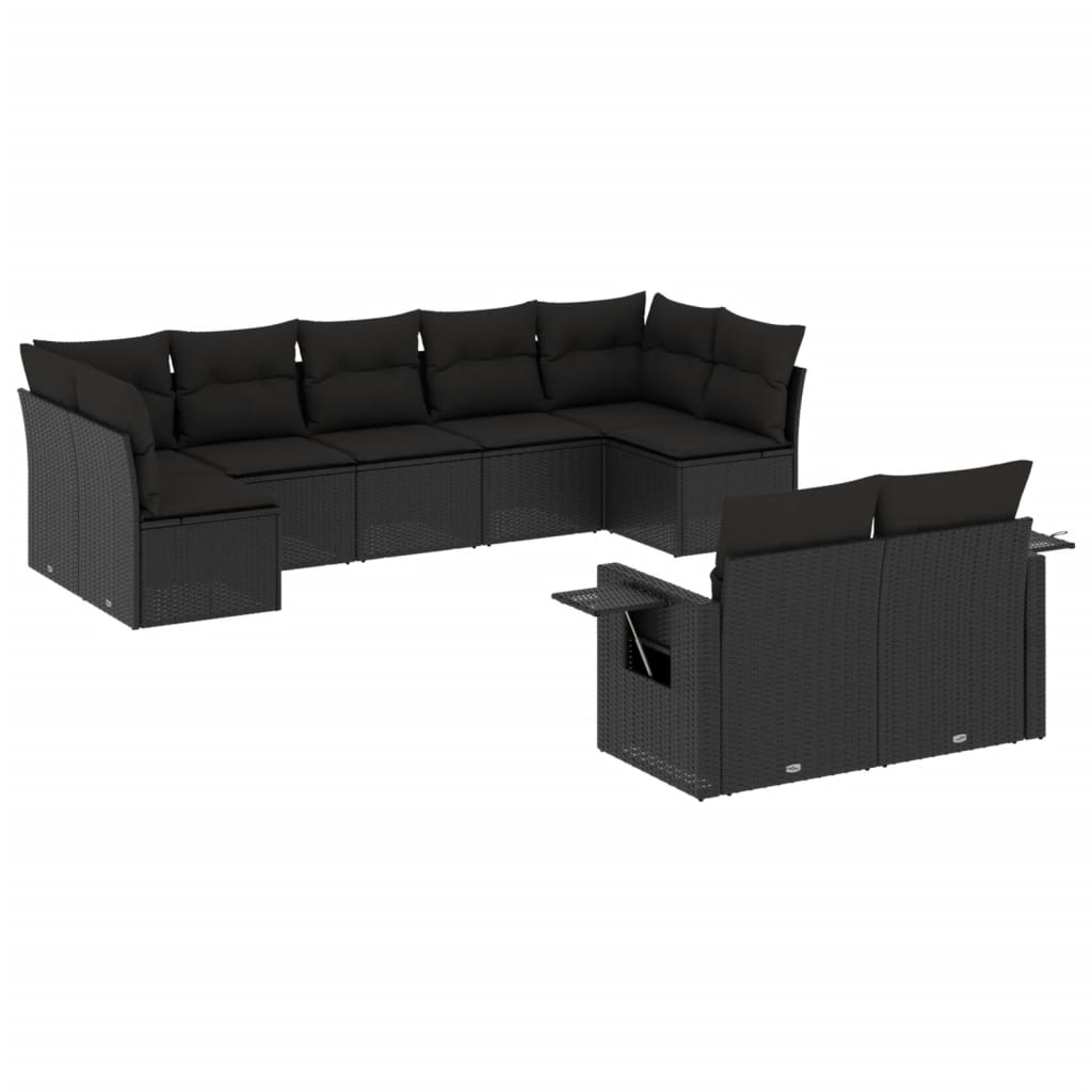 Set mobilier de grădină cu perne, 9 piese, negru, poliratan GartenMobel Dekor