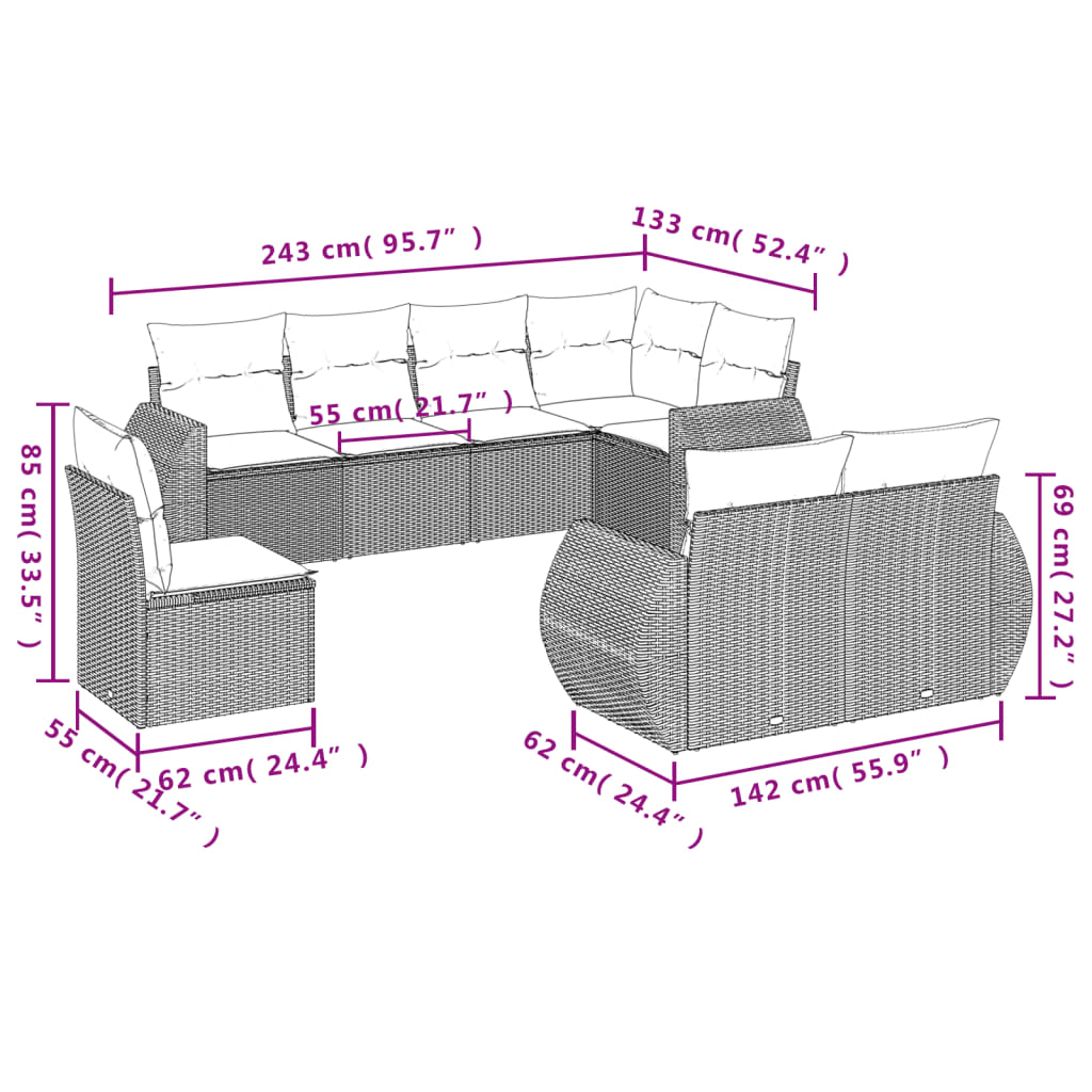 Set mobilier de grădină cu perne, 8 piese, negru, poliratan GartenMobel Dekor