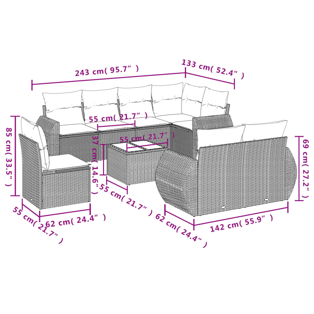 Set mobilier de grădină cu perne, 9 piese, negru, poliratan GartenMobel Dekor