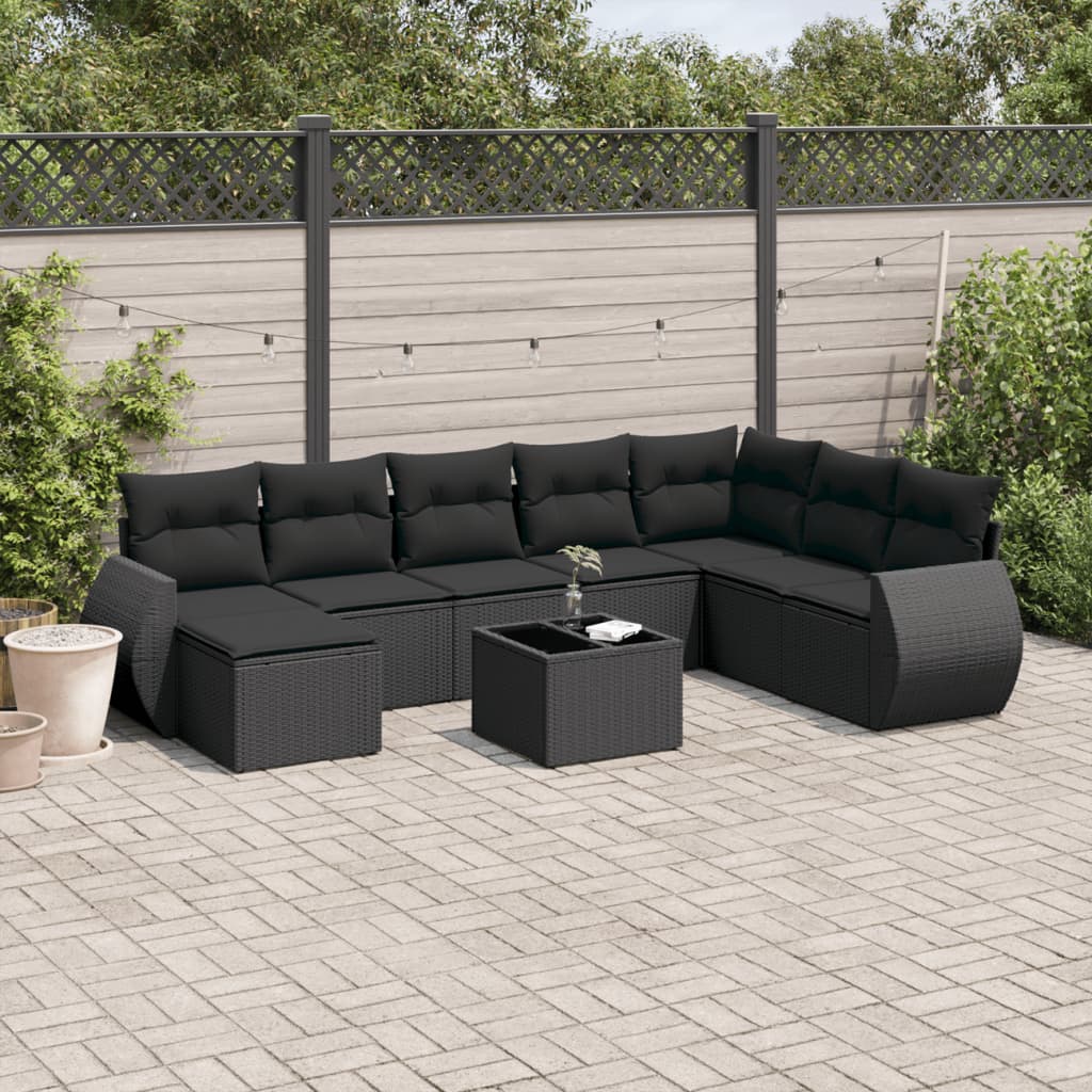 Set mobilier de grădină cu perne, 9 piese, negru, poliratan GartenMobel Dekor