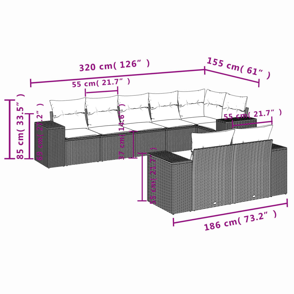 Set mobilier de grădină cu perne, 8 piese, negru, poliratan GartenMobel Dekor