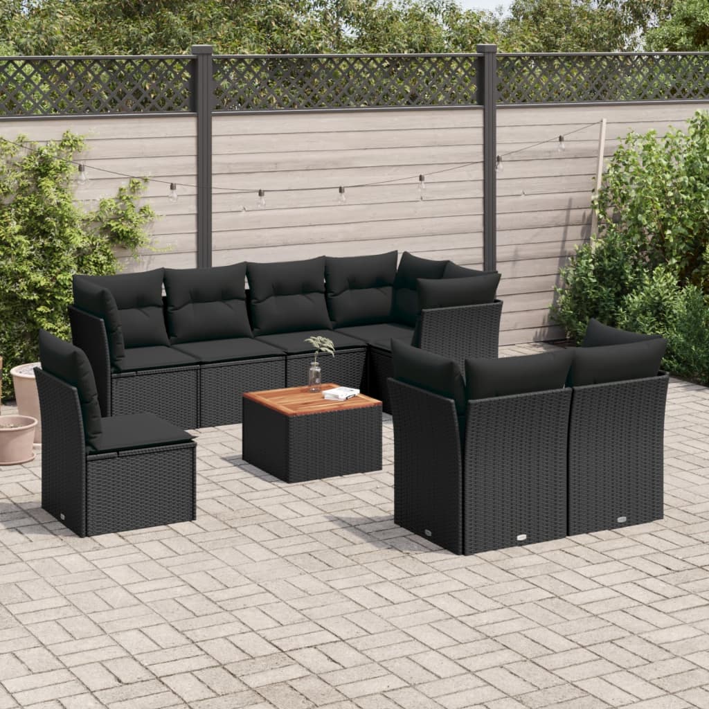 Set mobilier de grădină cu perne, 9 piese, negru, poliratan GartenMobel Dekor