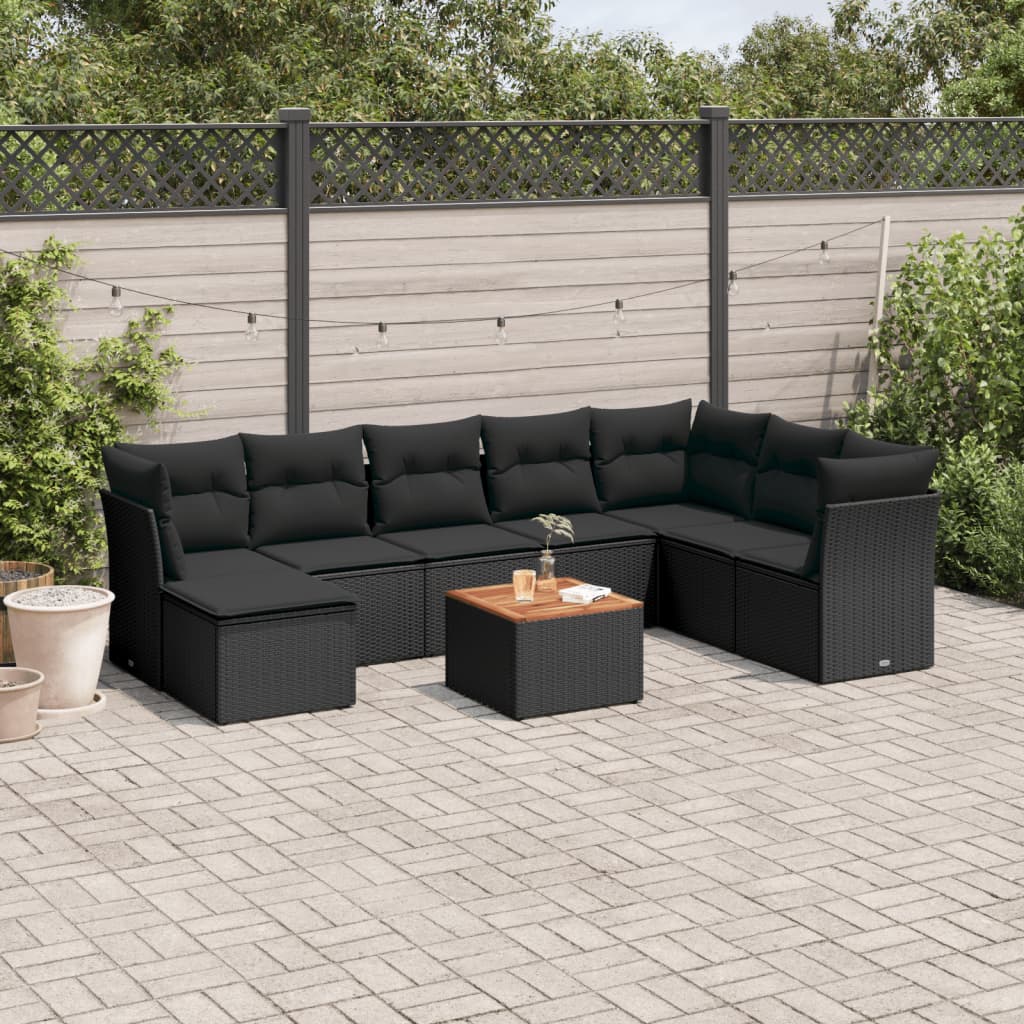Set mobilier de grădină cu perne, 9 piese, negru, poliratan GartenMobel Dekor