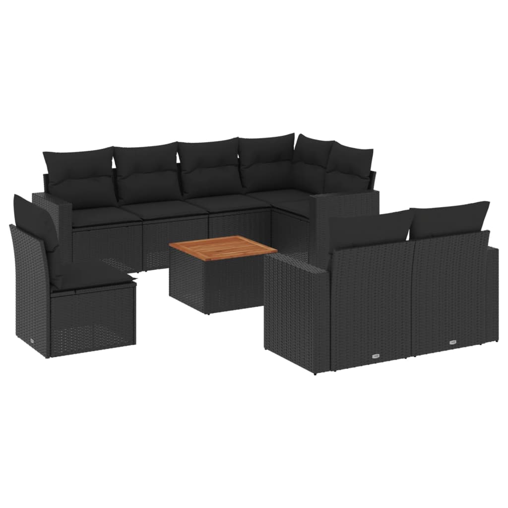 Set mobilier de grădină cu perne, 9 piese, negru, poliratan GartenMobel Dekor