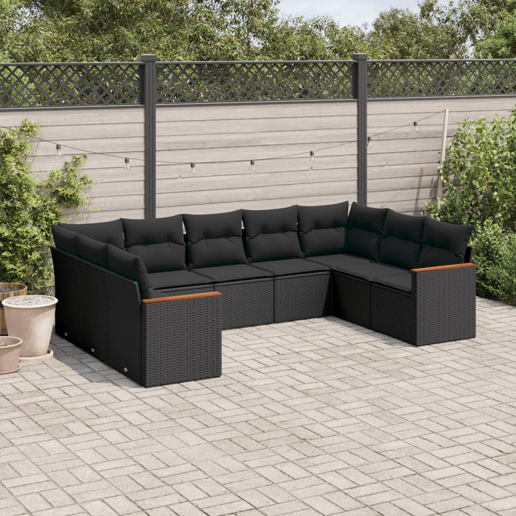 Set mobilier de grădină cu perne, 9 piese, negru, poliratan GartenMobel Dekor