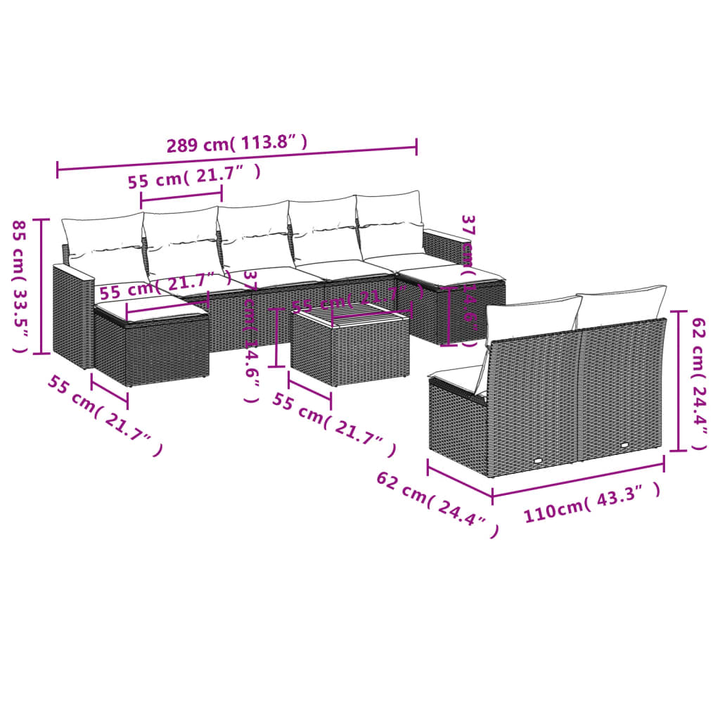 Set canapele de grădină cu perne, 10 piese, negru, poliratan GartenMobel Dekor