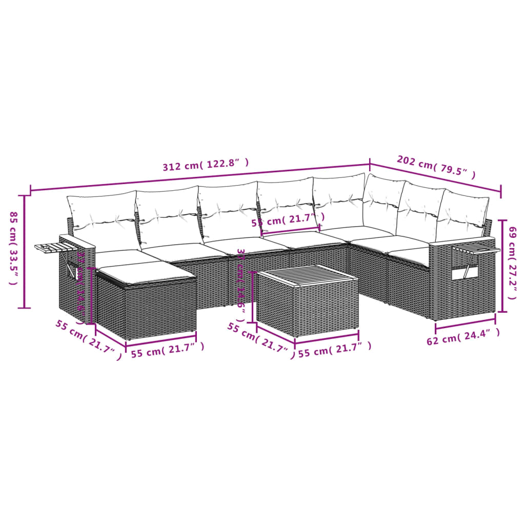 Set canapele de grădină, 9 piese, cu perne, gri, poliratan GartenMobel Dekor