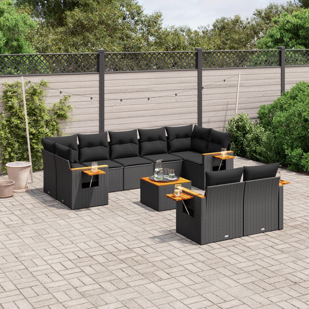 Set canapele de grădină cu perne, 10 piese, negru, poliratan GartenMobel Dekor