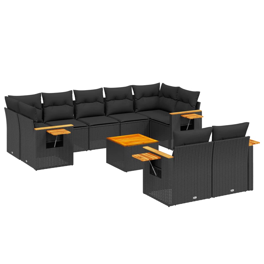 Set canapele de grădină cu perne, 10 piese, negru, poliratan GartenMobel Dekor
