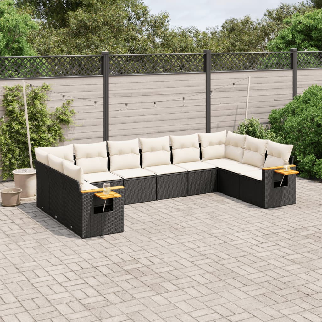 Set canapele de grădină cu perne, 10 piese, negru, poliratan GartenMobel Dekor