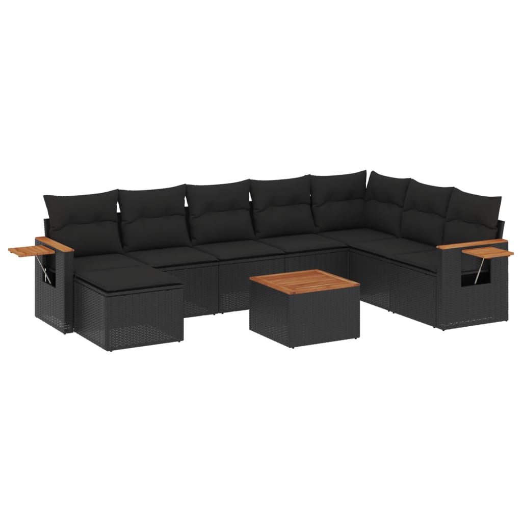 Set mobilier de grădină cu perne, 9 piese, negru, poliratan GartenMobel Dekor
