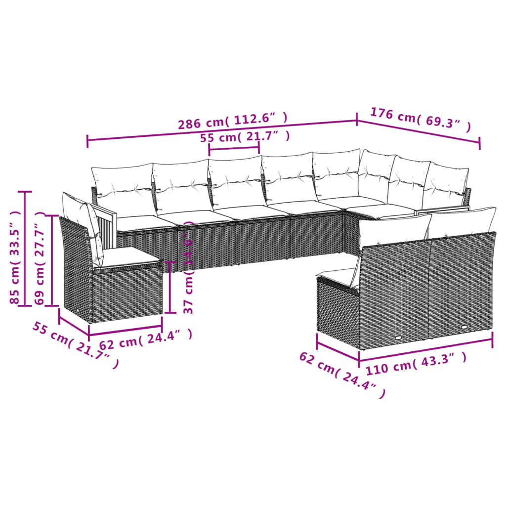 Set mobilier de grădină cu perne, 10 piese, gri, poliratan GartenMobel Dekor