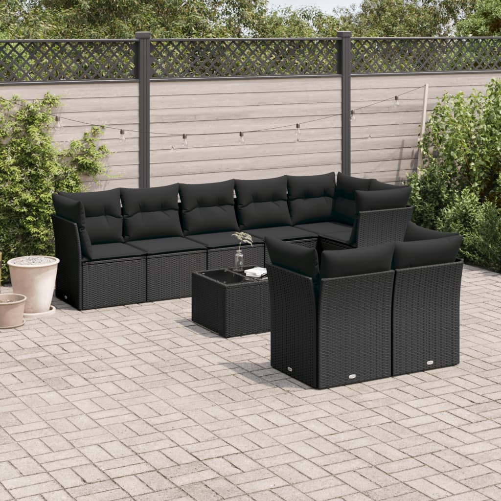 Set mobilier de grădină cu perne, 9 piese, negru, poliratan GartenMobel Dekor