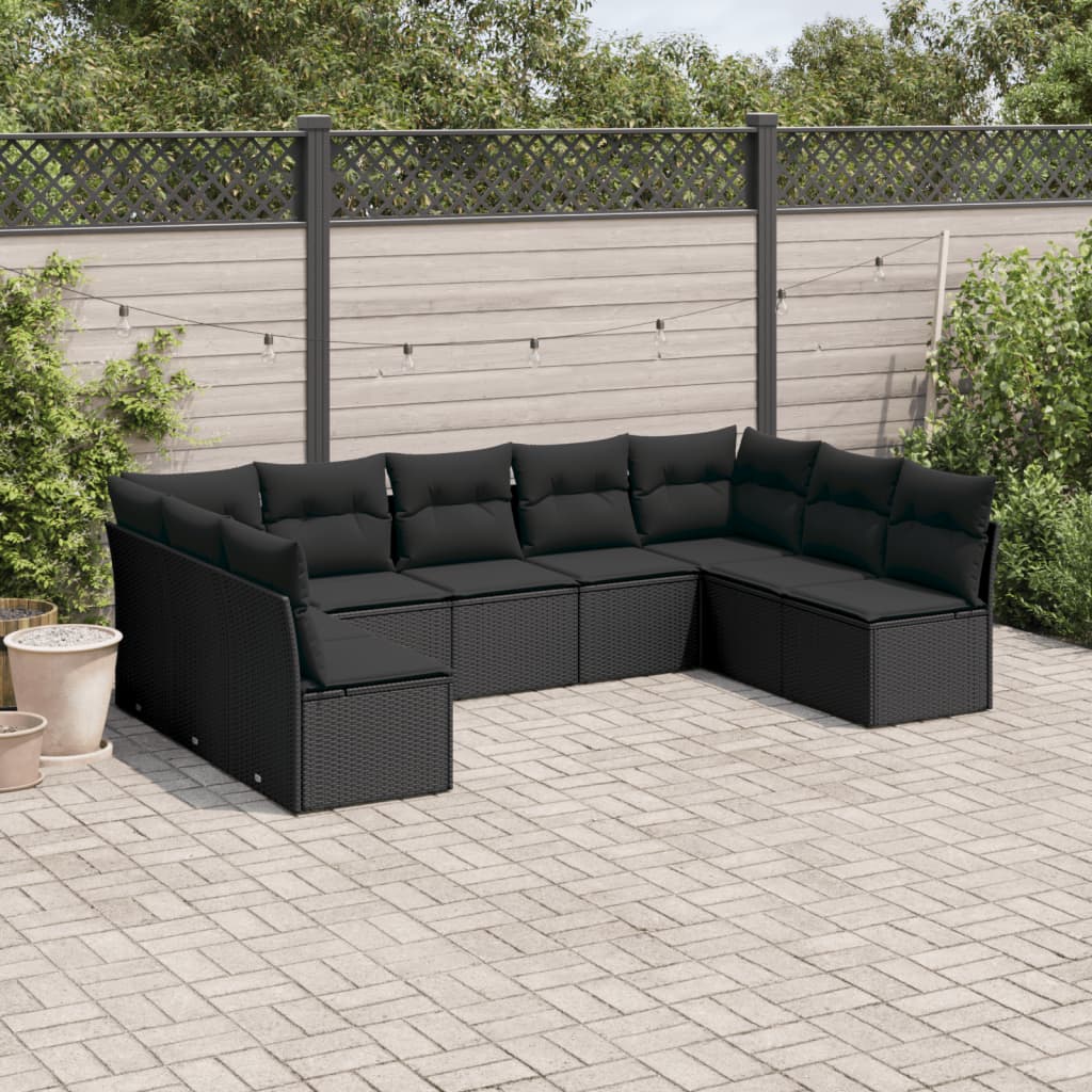 Set mobilier de grădină cu perne, 9 piese, negru, poliratan GartenMobel Dekor