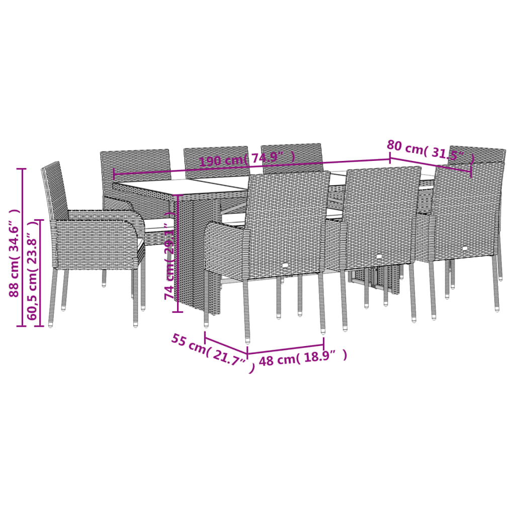 Set mobilier grădină cu perne, 9 piese, gri, poliratan GartenMobel Dekor