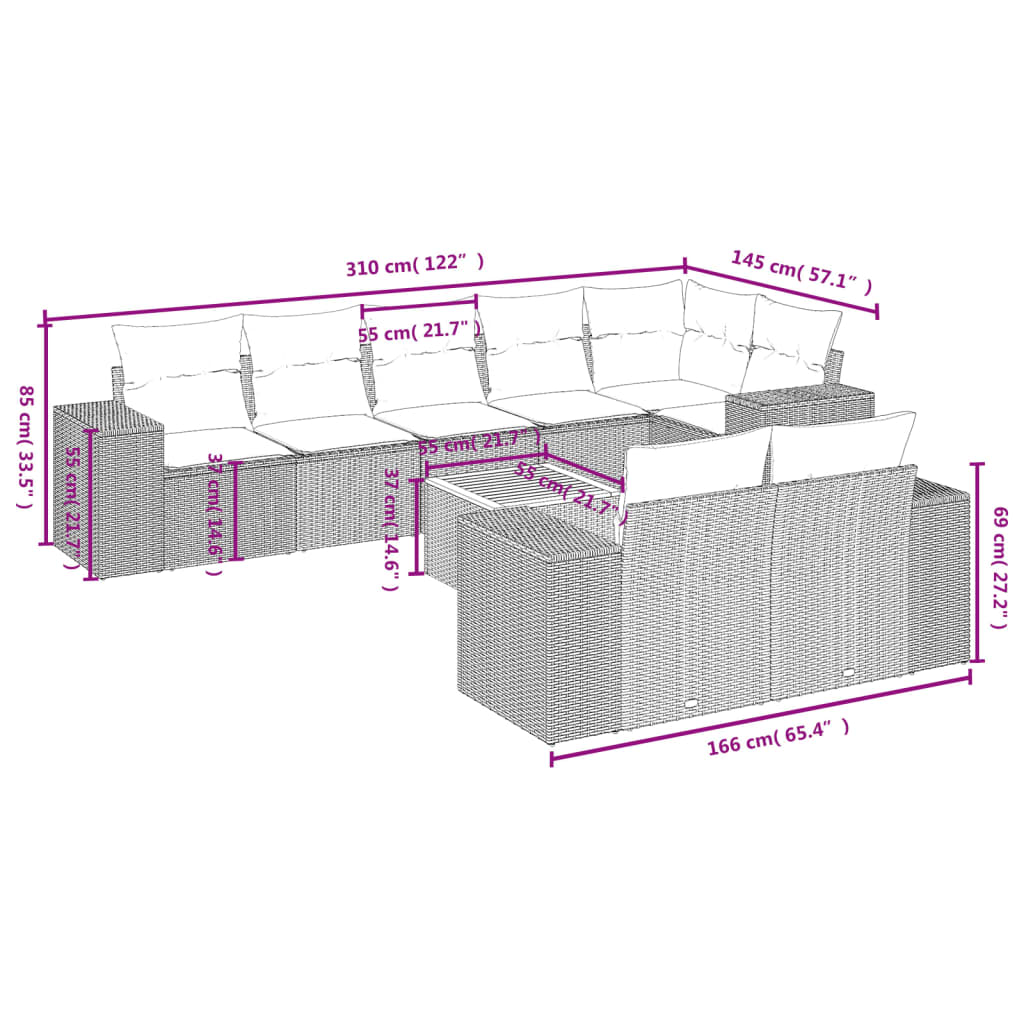 Set mobilier de grădină cu perne, 9 piese, negru, poliratan GartenMobel Dekor