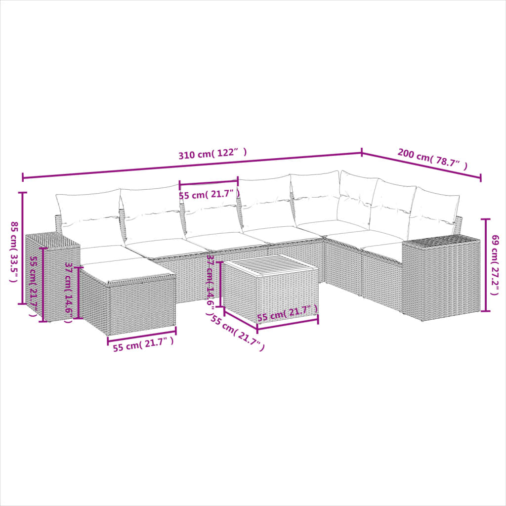 Set mobilier de grădină cu perne, 9 piese, negru, poliratan GartenMobel Dekor