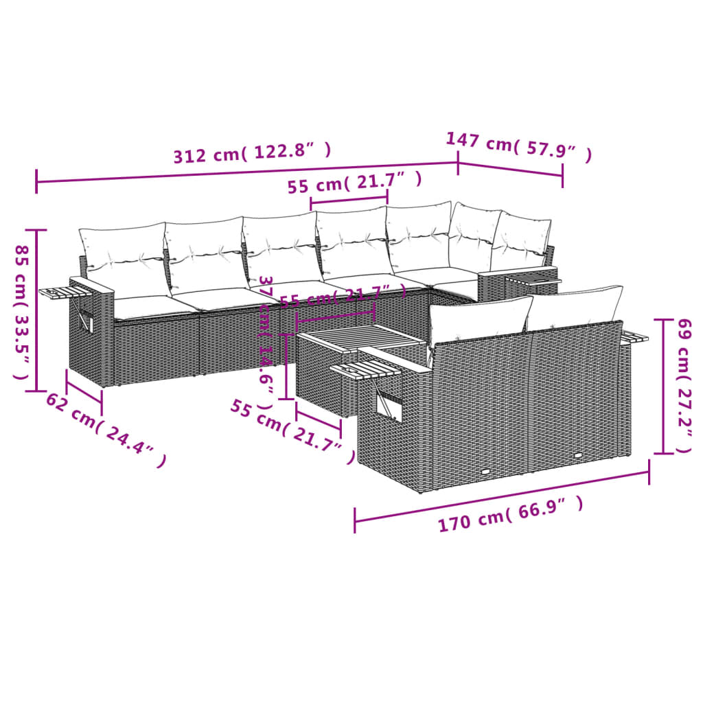 Set mobilier de grădină cu perne, 9 piese, negru, poliratan GartenMobel Dekor
