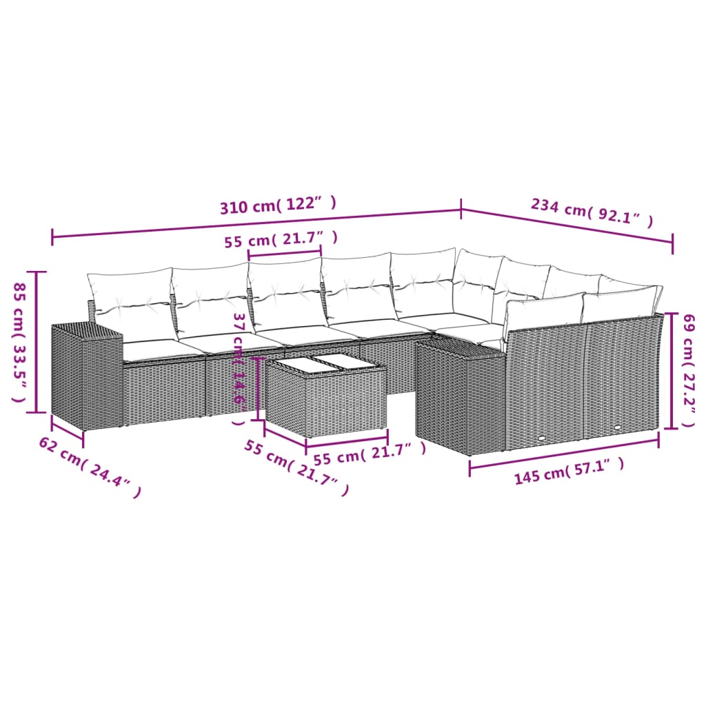 Set canapele de grădină cu perne, 10 piese, negru, poliratan GartenMobel Dekor