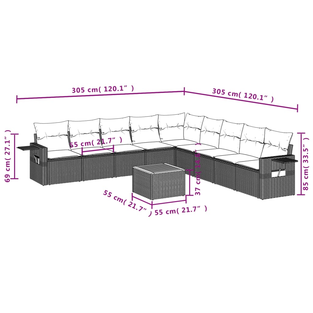 Set canapele de grădină cu perne, 10 piese, negru, poliratan GartenMobel Dekor