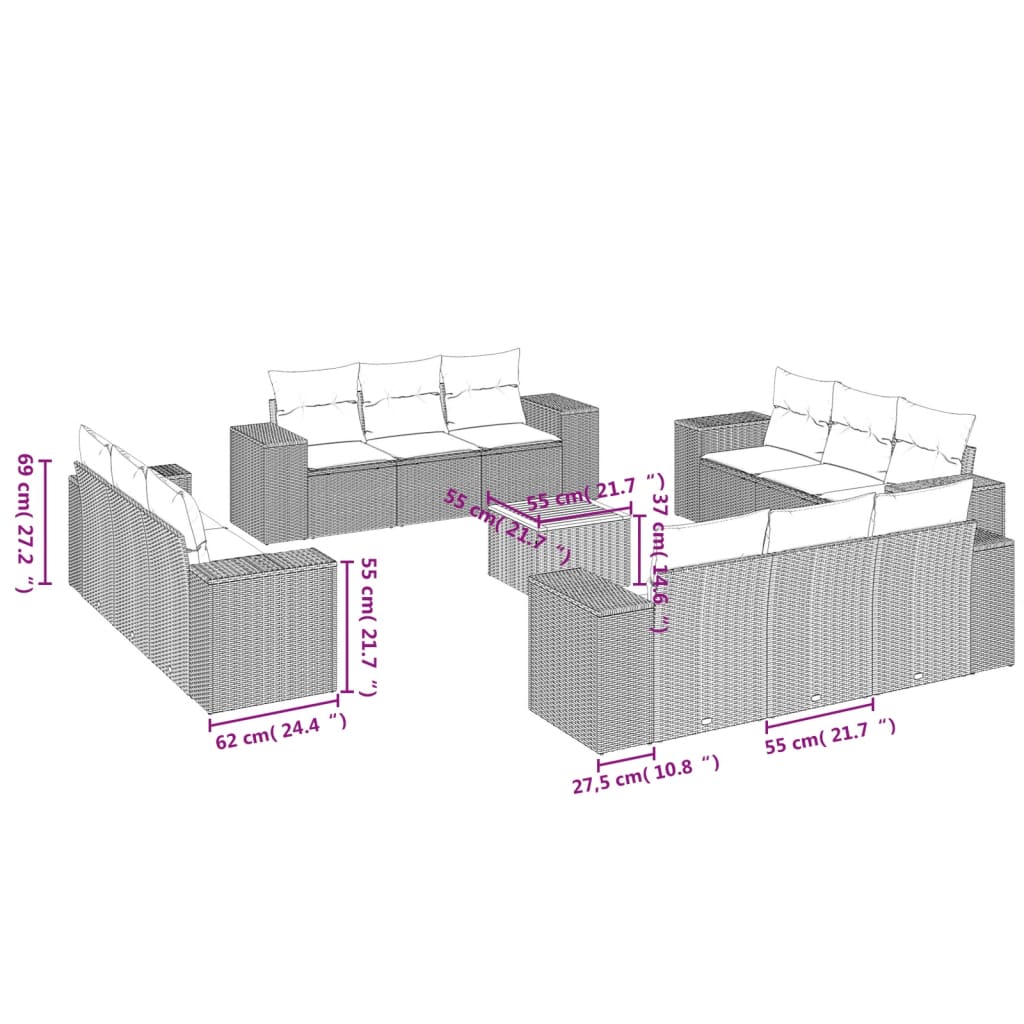 Set mobilier de grădină cu perne, 13 piese, gri, poliratan GartenMobel Dekor